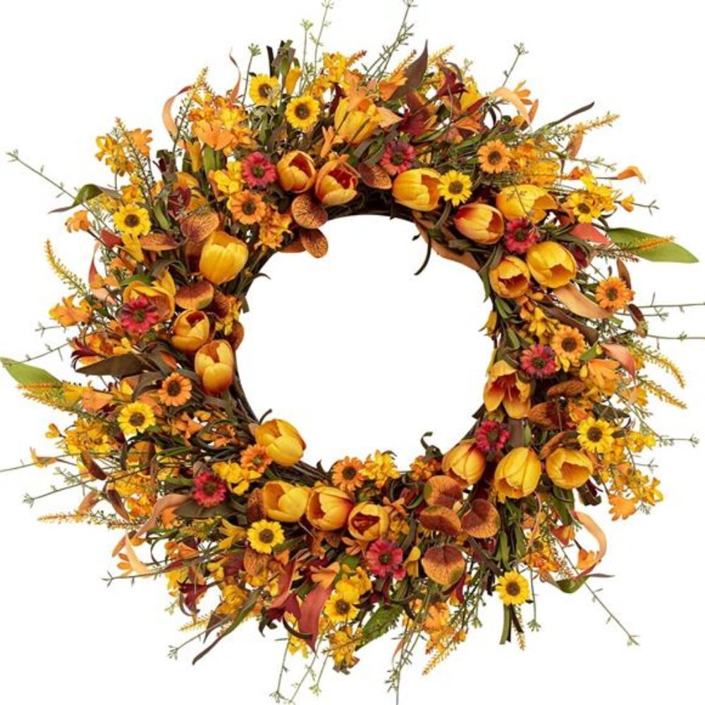 22" Outdoor Fall‎ Wreath with Orange Tulips & Wildflowers for Thanksgiving Decor